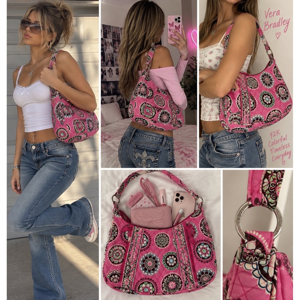 Vera Bradley Pink Quilted Floral Mandala Hobo Shoulder Bag Y2K Boho Cotton